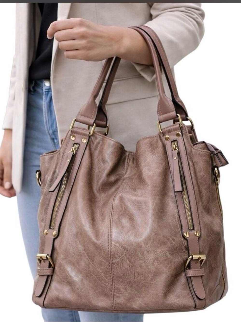 Brown Faux-Leather Tote Bag with Dual Handles